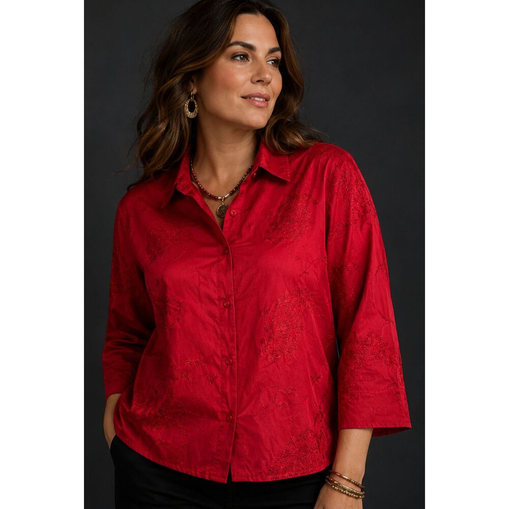 Red Embroidered Blouse |  Button Up Shirt | Floral Cotton Blend | Women's L